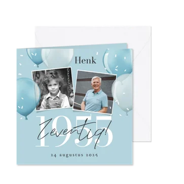 Uitnodiging verjaardag 70 jaar 1955 ballonnen blauw fotos